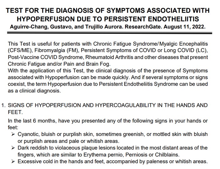 Aguirre1Gustavo's tweet image. In 3 minutes
at home
answering this Test can make the Clinical Diagnosis of the presence of Symptoms associated with Hypoperfusion
All who get +than 6 points
have Platelet Hyperactivity and Microclots #BioClots
The triggering cause is Persistent Infections
researchgate.net/publication/36…