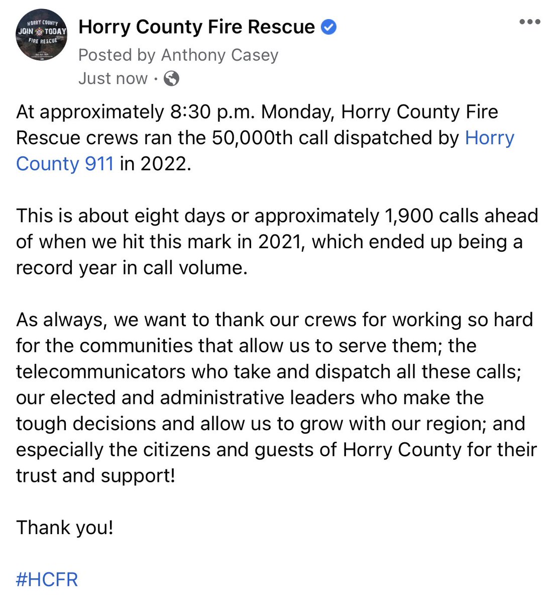 hcfirerescue's tweet photo. Horry County Fire Rescue hit the 50,000-call mark for 2022 last night, the earliest we’ve ever done that. ✅

That’s about eight days and 1,900 calls ahead of last year’s record call volume pace.

#HCFR https://t.co/JonjTiXXS5