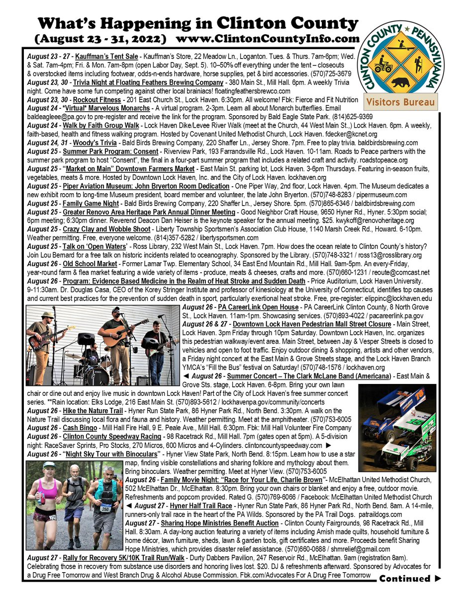 ClintonCountyPA's tweet photo. Hi, Clinton County fans! Attached is this week’s “What’s Happening” flyer! Please print, post &amp; share (we share to our Explore Clinton County, PA Facebook page). For a full Calendar of Events, visit our website at https://t.co/772rVwWwb4. https://t.co/yZzVOTx9bU