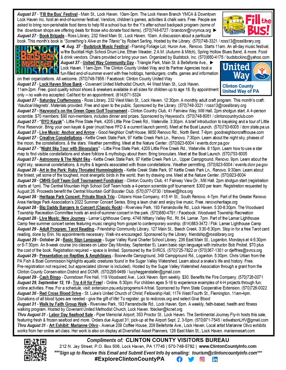 ClintonCountyPA's tweet photo. Hi, Clinton County fans! Attached is this week’s “What’s Happening” flyer! Please print, post &amp; share (we share to our Explore Clinton County, PA Facebook page). For a full Calendar of Events, visit our website at https://t.co/772rVwWwb4. https://t.co/yZzVOTx9bU