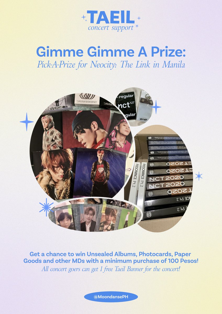 MoondansePH's tweet photo. NEO CITY THE LINK: MANILA
Fan support for #TAEIL

"Gimme Gimme A Prize: Pick-A-Prize Event"

See the images for the full mechanics 💛

📍CBTL MAAX
 
Also, banner project donations are still open:  https://t.co/XPEyZDcd8w 

Stay tuned for more!
 
#NCT127inManila #NCT127 #NCT https://t.co/AduH2W5jEx