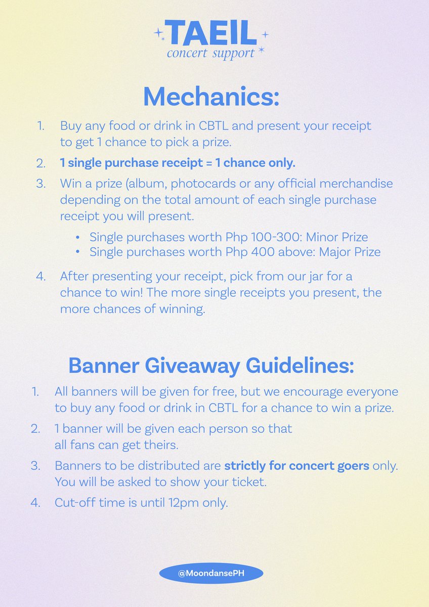 MoondansePH's tweet photo. NEO CITY THE LINK: MANILA
Fan support for #TAEIL

"Gimme Gimme A Prize: Pick-A-Prize Event"

See the images for the full mechanics 💛

📍CBTL MAAX
 
Also, banner project donations are still open:  https://t.co/XPEyZDcd8w 

Stay tuned for more!
 
#NCT127inManila #NCT127 #NCT https://t.co/AduH2W5jEx