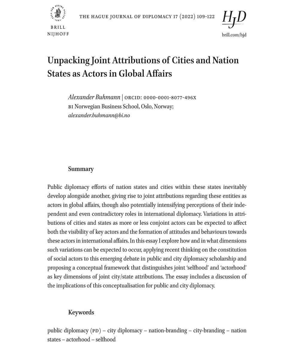 Finally back to some #publicdiplomacy & #placebranding research. This is part of a special issue on #citydiplomacy in The Hague Journal of Diplomacy. Big thanks to editors @JanMDiplo and @AmiriSoh @Hague_Jour_Dipl brill.com/view/journals/…