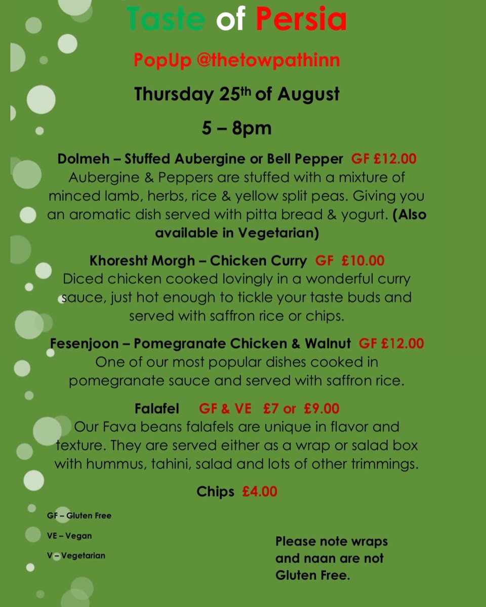 TasteOf_Persia's tweet image. Taste of Persia- PopUp 
This Thursday we are back @thetowpathinn for our final PopUp for this month. Come &amp;amp; help us to go out with a bang and I might let you buy me a drink. Do not worry, we are in discussions with this wonderful Canal side pub for more dates in near future.🌹🇮🇷