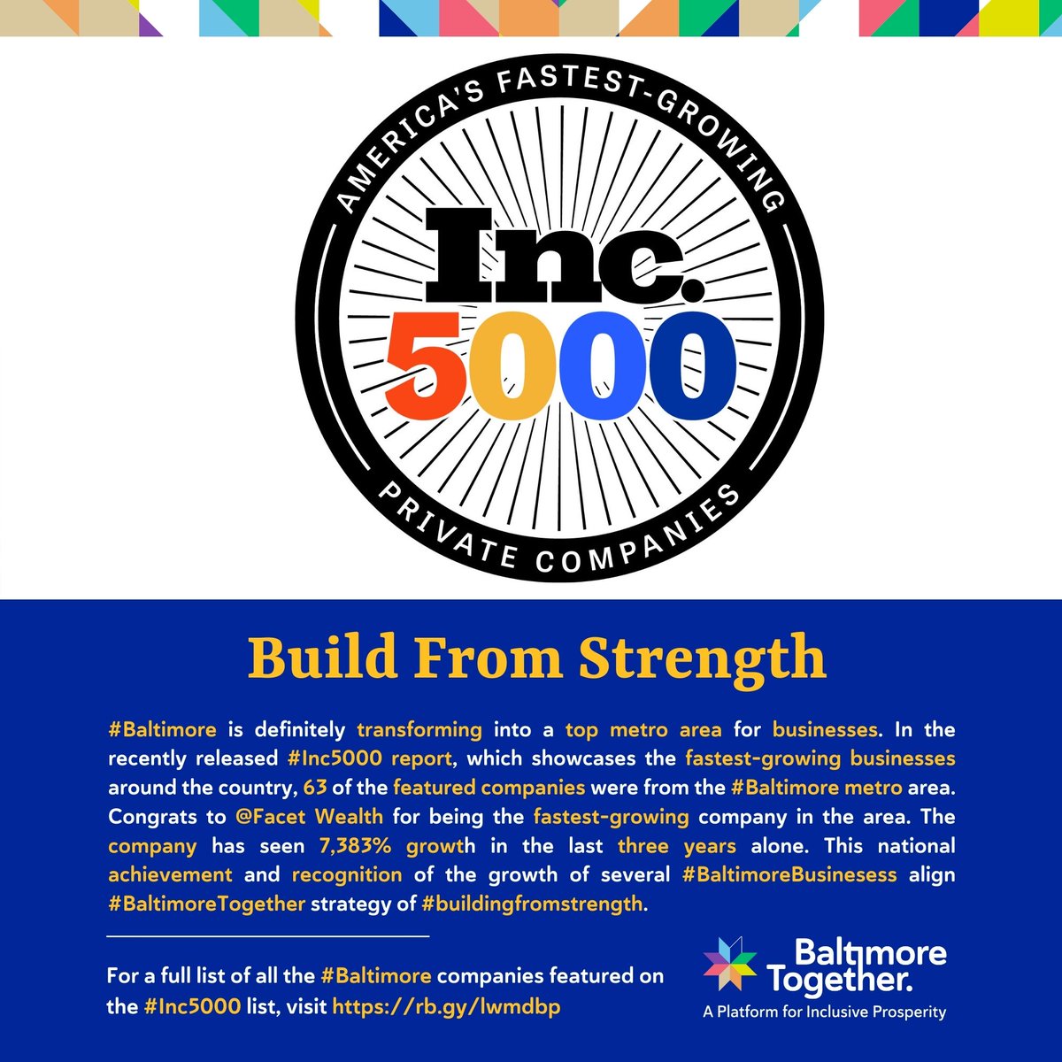 BmoreTogether_'s tweet photo. @inc5000 featured 63 companies from #Baltimore. Congrats 2 @FacetWealth 4 being the fastest-growing company in the area. This national recognition of several #BaltimoreBiz aligns w/ #BaltimoreTogether strategy of #buildingfromstrength - https://t.co/JYoiDnEPVO https://t.co/7SWNSqrf97