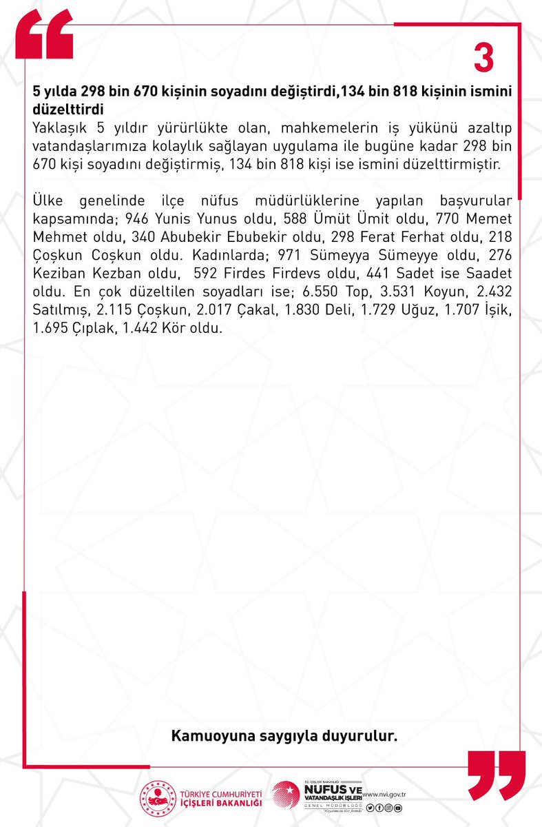 TCNufus's tweet photo. Ad ve soyadı düzenlemesi ile ilgili basına yansıyan haberlere ilişkin aşağıdaki açıklamanın yapılmasına gerek duyulmuştur❗️⬇️ 

👉 https://t.co/wG0xmw1NJp https://t.co/YfVoXeBCw4