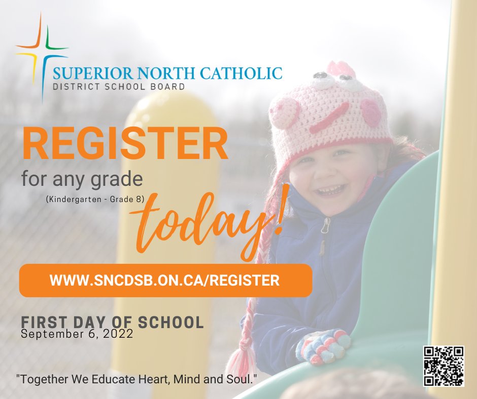 Just two weeks until the first day of school for our #SNCDSB students! New students can register for any grade (K-8) online anytime at sncdsb.on.ca/register The first day of school for students is September 6, 2022.