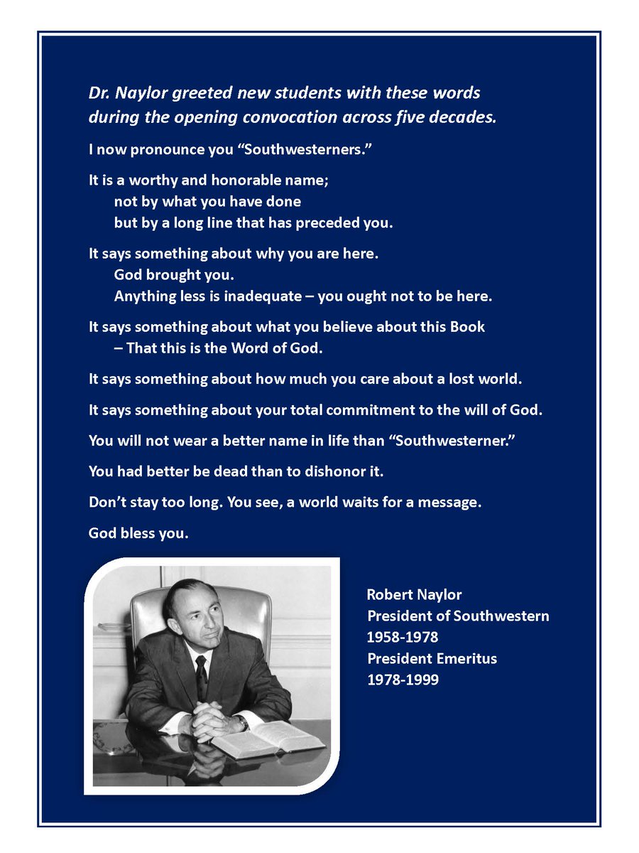 Today is convocation day <a href="/SWBTS/">Southwestern Seminary</a>! It's always exciting to welcome new students and faculty. Our fifth president Robert E. Naylor welcomed students by pronouncing them "Southwesterners," and we look forward to adding to that "worthy and honorable name" today! #ArchivesatBHC