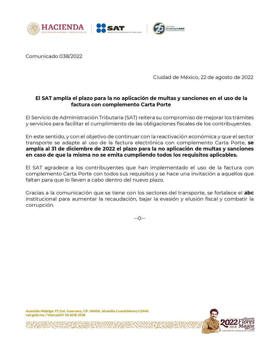 GLEC_Consulting's tweet photo. El SAT amplía el plazo para la no aplicación de multas y sanciones en el uso de la factura con complemento Carta Porte al 31 de diciembre de 2022...  #CartaPorte https://t.co/fuuFssR1pp