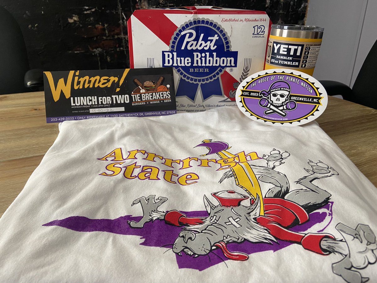🚨🏴‍☠️GIVE AWAY ALERT🏴‍☠️🚨
RT &amp; FOLLOW <a href="/PR927FM/">Pirate Radio ☠️</a> for a chance to win a 12 pack of PBR, lunch for TWO <a href="/TieBreakersnc/">Tie Breakers</a>, a Yeti cup courtesy of Shimmer Boutique, AND a cool new t-shirt just in time for ECU vs NC State #TheVoiceofthePirateNation #Station4Winners