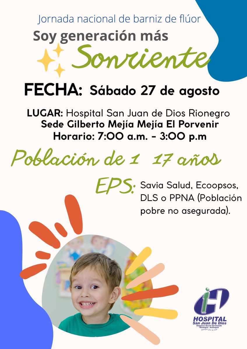 HospitaleseRgro's tweet photo. Jornada Nacional de aplicación de barniz de flúor, te esperamos en nuestro Hospital San Juan de Dios ESE Rionegro sede Gilberto Mejía Mejía en el barrio El Porvenir. #SoyGeneraciónMásSonriente https://t.co/MH6FhMsqn1