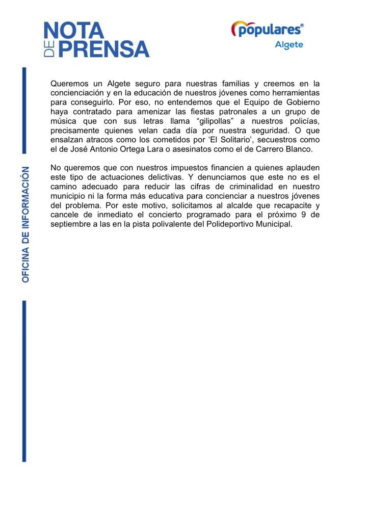 PPalgete's tweet photo. 📣Pedimos al alcalde que no avive el fuego de la delincuencia en #Algete 
👉Preocupados por ese aumento:
👉🏻Cancele el concierto programado para el 9 de septiembre en el polideportivo.
🔝NO a grupos que insultan a la @policia y aplauden atentados terroristas y secuestros. https://t.co/gCieH3qYdq