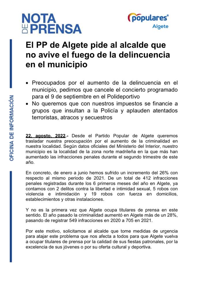 PPalgete's tweet photo. 📣Pedimos al alcalde que no avive el fuego de la delincuencia en #Algete 
👉Preocupados por ese aumento:
👉🏻Cancele el concierto programado para el 9 de septiembre en el polideportivo.
🔝NO a grupos que insultan a la @policia y aplauden atentados terroristas y secuestros. https://t.co/gCieH3qYdq