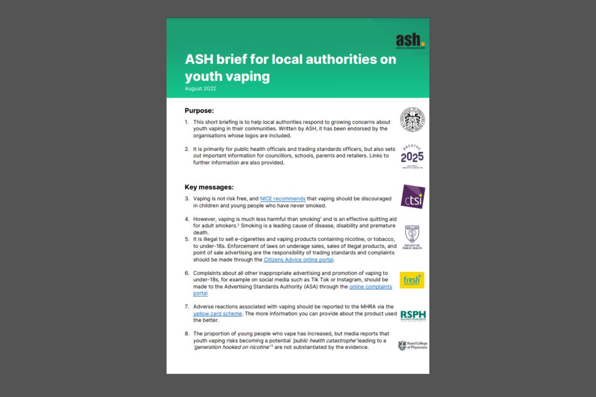 🆕Briefing to help local authorities respond to growing concerns about youth vaping in their communities.

This briefing is primarily for public health officials and trading standards officers, but also useful for councillors, schools, parents &amp; retailers.
ash.org.uk/information-an…