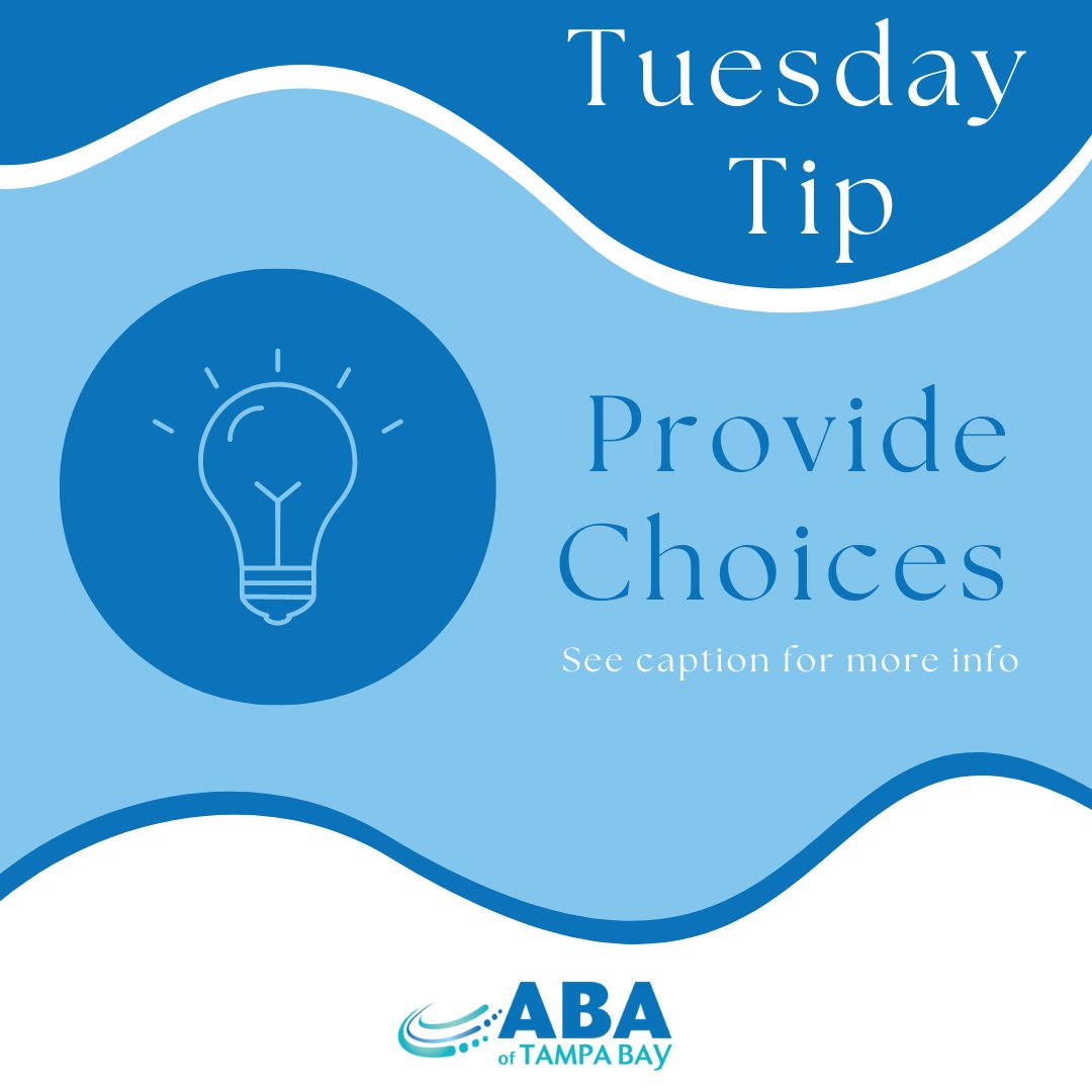 ABAofTB's tweet photo. If the order of a task is not the goal or is insignificant or if there is no set expectation or activities are open ended, provide choices~

Providing choices can be an effective tool to managing behaviors, but it's also so much more.

#TuesdayTip #ProvideChoices #Tampa #tampabay https://t.co/HCVwwH33QC