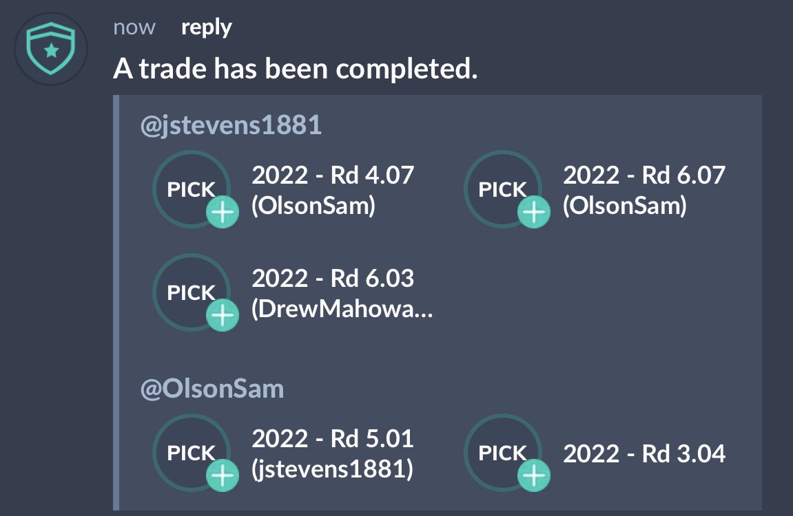 FflPong's tweet photo. ❗️Trade Alert❗️⁦@jstevens1881⁩ and ⁦@Olson_Sam16⁩ have done a pick swap! Check it out #trade https://t.co/cZMrYZGDyR