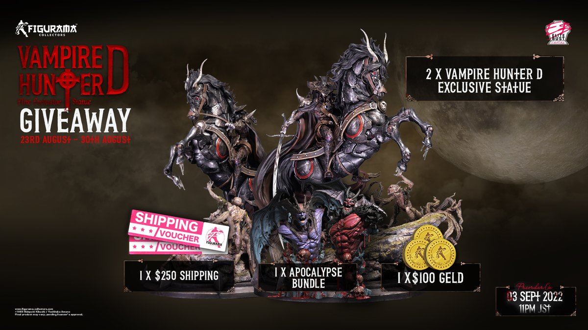 Figurama1's tweet photo. 🦇 VAMPIRE HUNTER D ELITE EXCLUSIVE GIVEAWAY! 
The Figurama Collectors Vampire Hunter D giveaway is your chance to win your very own Vampire Hunter D Elite Exclusive Statues! Join the Figurama Collectors Hub on Facebook to unlock an extra statue and other bonus prizes!

#Figurama https://t.co/c17DCHBdRe