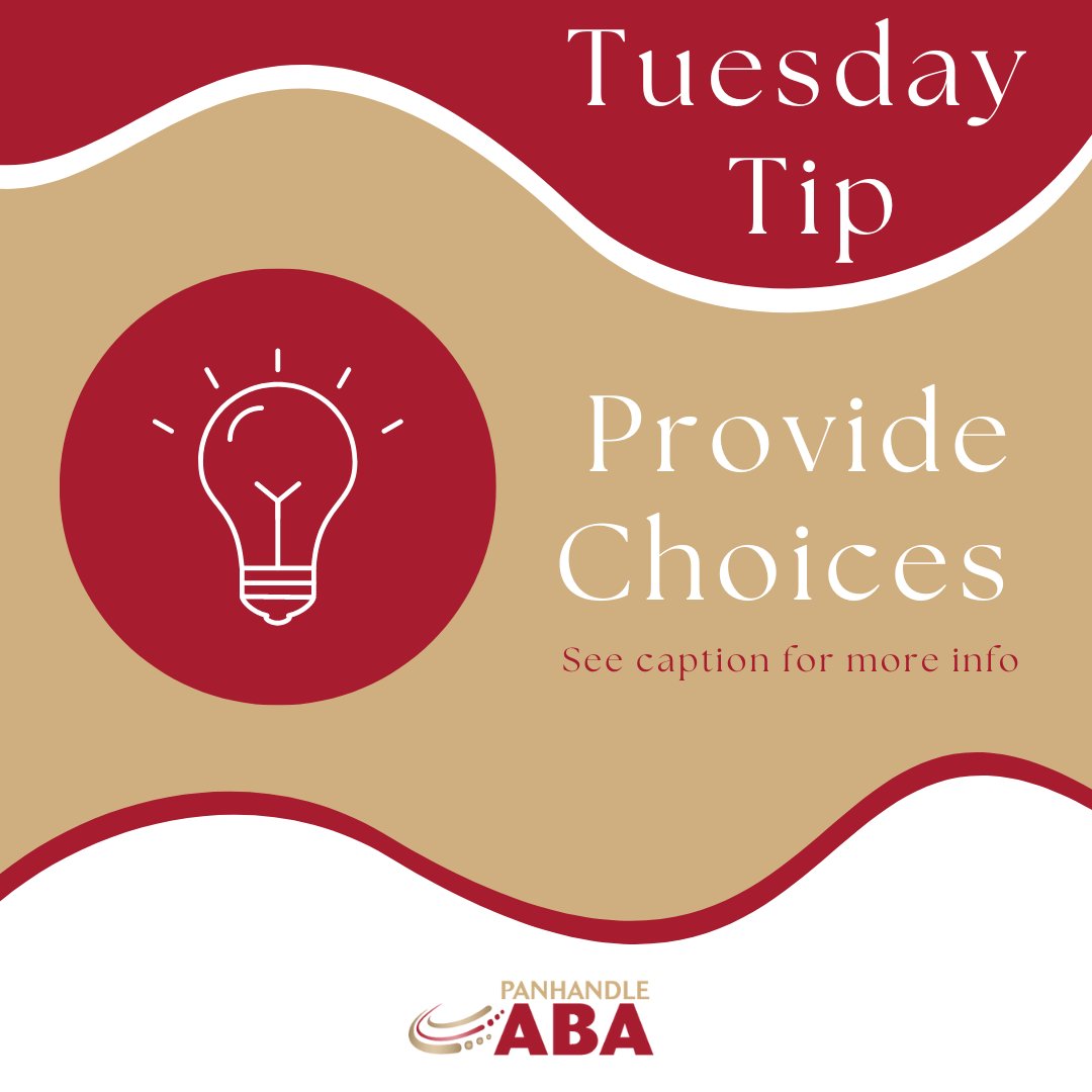 PanhandleABA's tweet photo. If the order of a task is not the goal or is insignificant or if there is no set expectation or activities are open ended, provide choices.

Providing choices can be an effective tool to managing behaviors, but it's also so much more.

#Tuesday #Tip #Tallahassee https://t.co/9NE7hhDigq