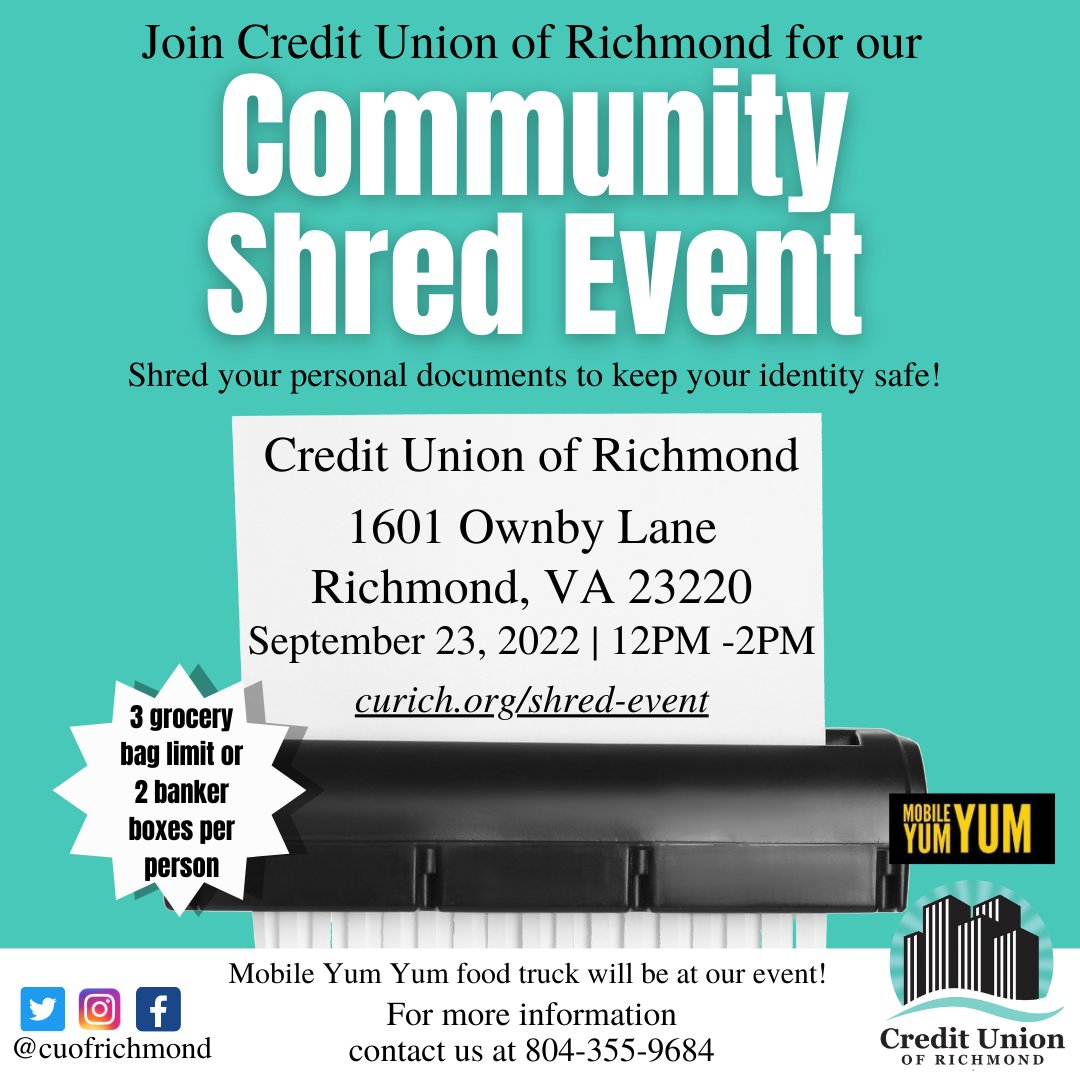 cuofrichmond's tweet photo. Join Credit Union of Richmond, Friday September 23rd from 12pm - 2pm for our Community Shred Event. We will be having Mobile Yum Yum @llc_yum food truck in attendance for this event. Go to https://t.co/s7gsMgfhbF to learn more.
.
#rva #rvaevent #rvacommunity #creditunion https://t.co/QRMDQIXMho