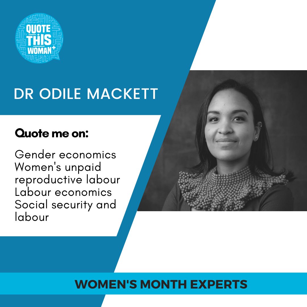 To end off #WomensMonth we are highlighting some gender experts:

@OdileRobertson is a lecturer and researcher focusing on the gendered distribution of unpaid labour in the household and how time spent on this type of labour negatively affects the quality of women's paid jobs.