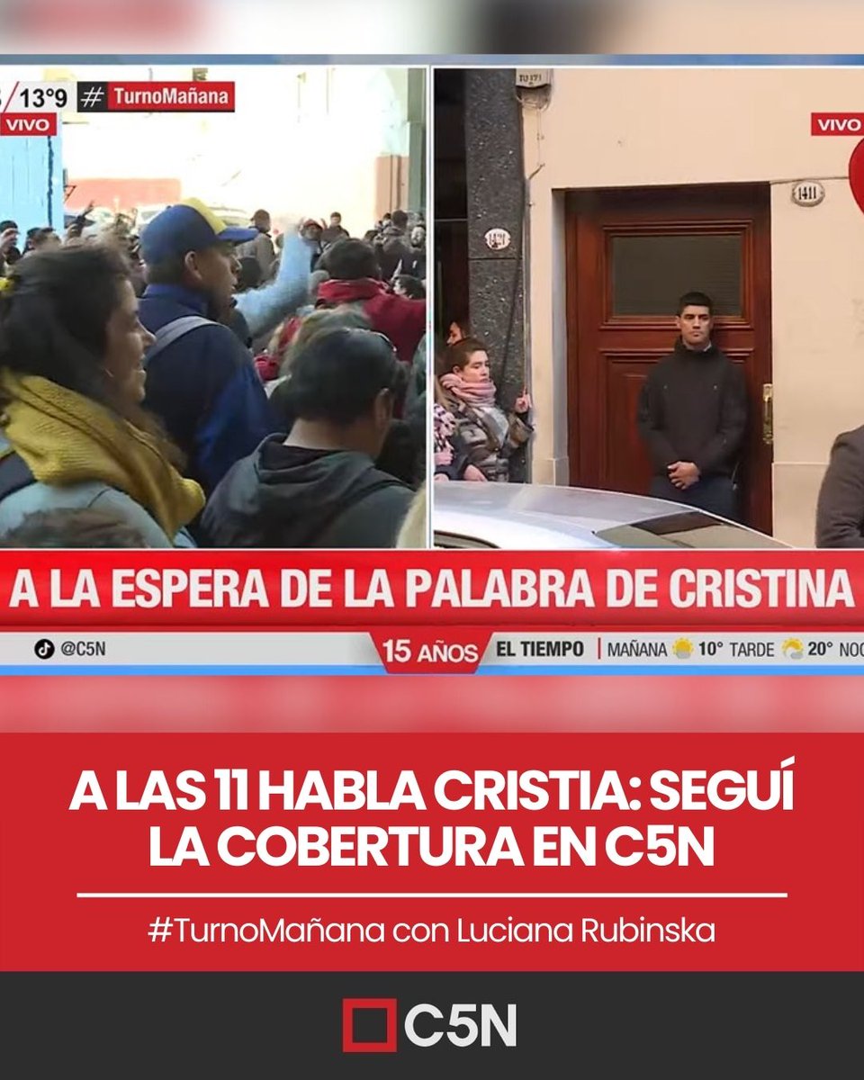 🚨 EN INSTANTES | Habla la vicepresidente <a href="/CFKArgentina/">Cristina Kirchner</a> desde el Congreso.

Seguí en vivo a <a href="/LRubinska/">Luciana Rubinska</a> junto <a href="/marcoscittadini/">Marcos Cittadini</a> <a href="/Ariel_Zak/">Ariel Zak</a> <a href="/MarielaLopezB/">Mariela López Brown ✨️</a> y <a href="/PaulaAvellaned3/">Paula Avellaneda</a> por C5N