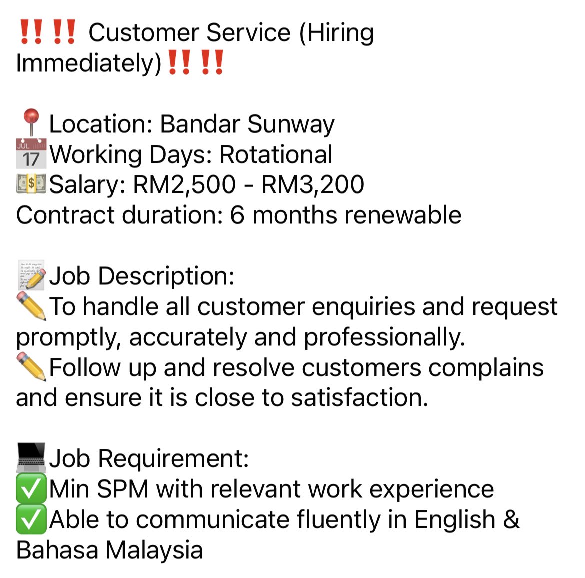 Hi everyone! I am looking to hire for below position. Anyone interested can just whatsapp me for more details. wa.link/pi8kyc @Kerjacarirezeki @twt_kerjaMY @KerjaKosongWoi @twt_penganggur @Oh_KerjaKosong @CKKMY18 @JobVacanciesMY @kerja_kosongMY @kerjakosong123