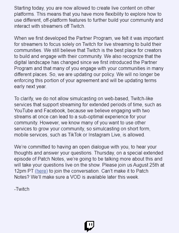Twitch will allow partners to stream on other platforms now