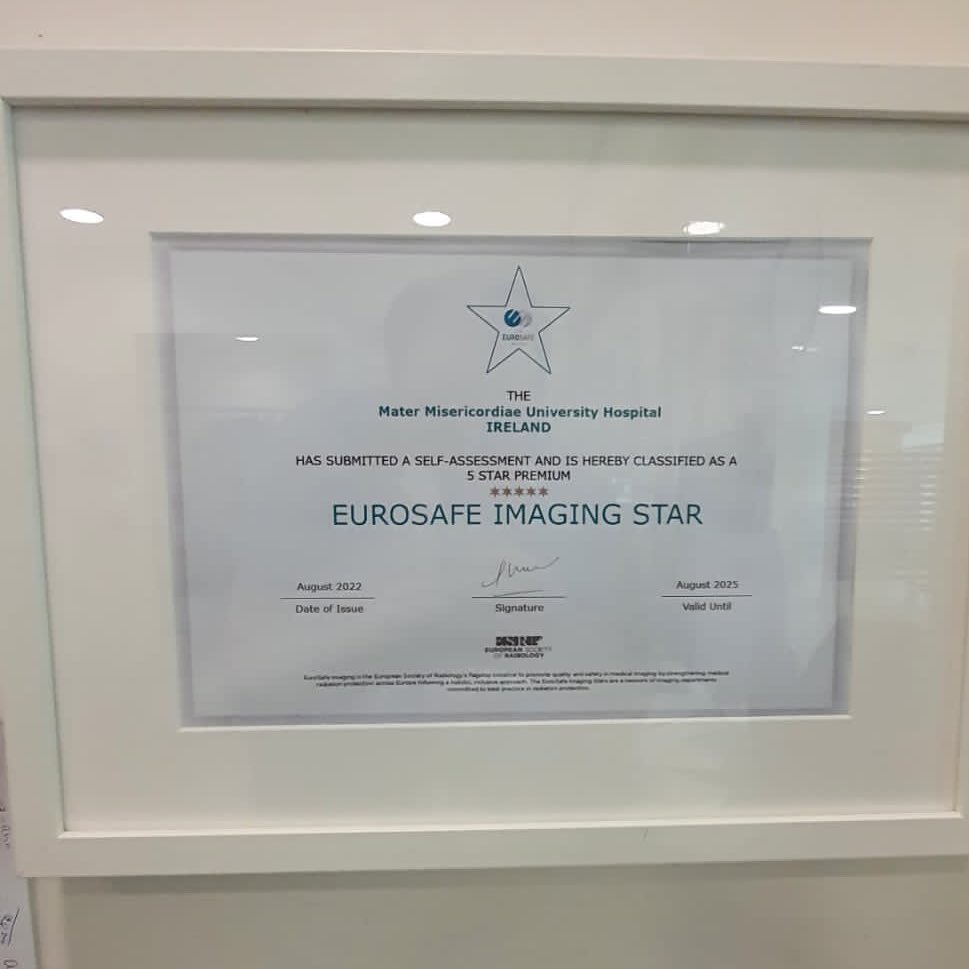 MaterRadiology's tweet photo. Massive congratulations to the Mater radiology multidisciplinary team on achieving a 5 star premium accreditation with Eurosafe Eurostars! 

We are now the 1st centre in Ireland to receive this rating ⭐️

Thank you to all teams who helped make this happen!

#materradiology https://t.co/lW8SHm8wRa