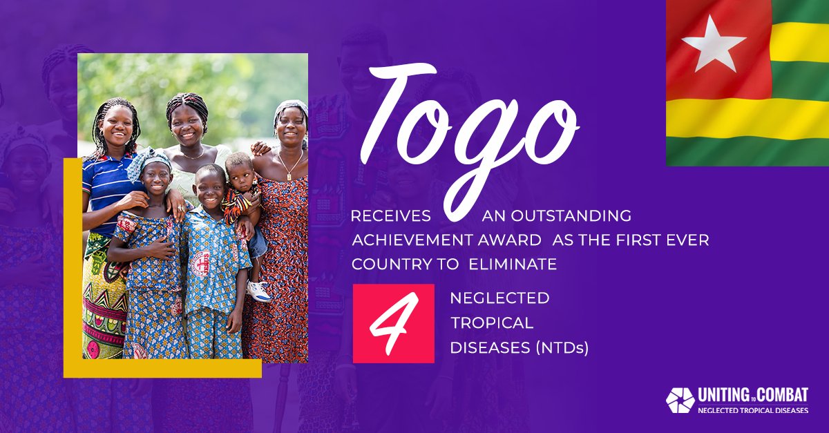 Congratulations Togo🇹🇬
#Togo becomes the first country globally to eliminate 4 #NTDs 🙌🏽 Togo has eliminated #GuineaWorm disease, #LymphaticFilariasis, #SleepingSickness &amp; #Tachoma.
Read more on this 💪🏻 unitingtocombatntds.org/togo-becomes-t…
#BeatNTDs #100percentCommitted