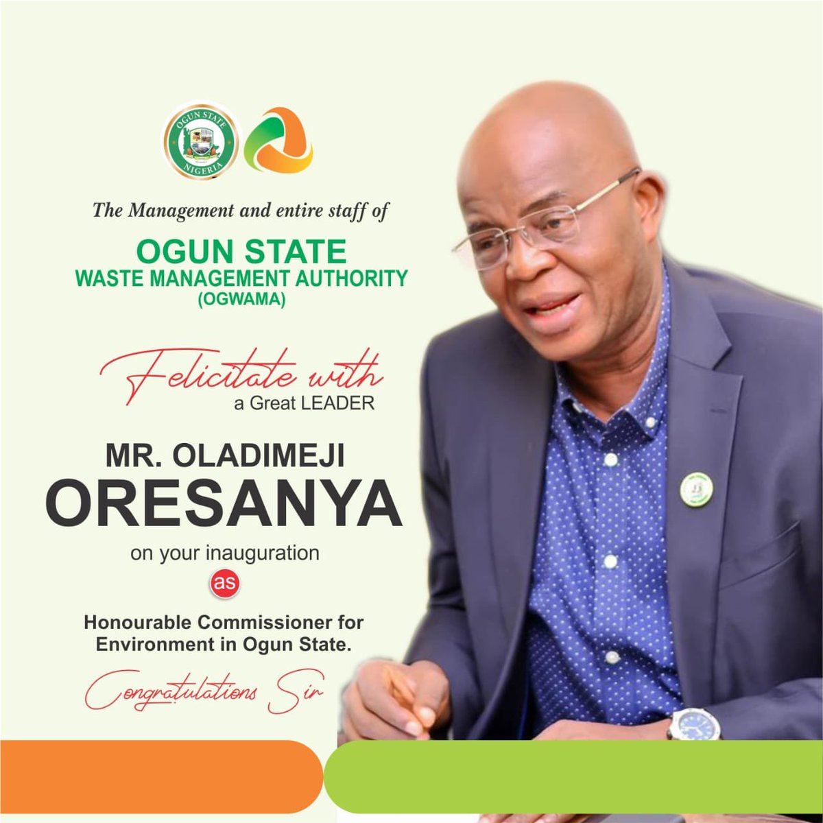 Congratulations on your new appointment <a href="/dejioresanya/">Ola Oresanya</a> as the Commissioner for <a href="/Moeogunstate/">Ogun State Ministry of Environment</a>, <a href="/OGSG_Official/">Ogun State Government - OGSG</a>. Thank you His Excellency, @dabiodunMFR for the recognition.