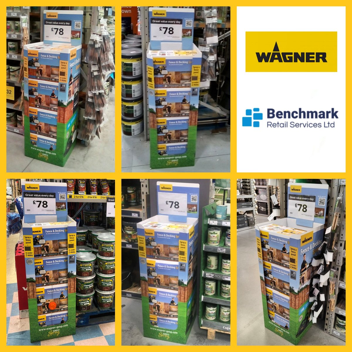 BenchmarkRSL's tweet photo. August has seen our team install this eyecatching Wagner Fence and Decking Sprayer FSDU in B&amp;Q stores nationwide, showcasing the benefits of this simple and easy to use sprayer in and around the fence and decking paint area.

#fencebuilding #fence #gardendiy #doityourself https://t.co/nCOdvRDmMW