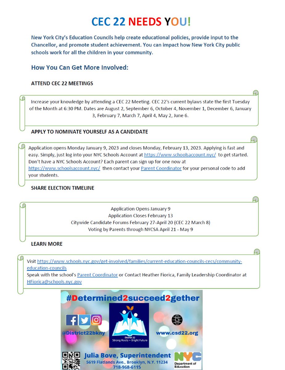 Get more involved in your child's education! It is an election year for the Community Education Council.  CEC 22 Needs YOU ! Sign up for a New York City Schools Account today. SAVE THE DATES. @NYCSchools  #cec22 #YourChildYourVoice #CECElections drive.google.com/drive/folders/…