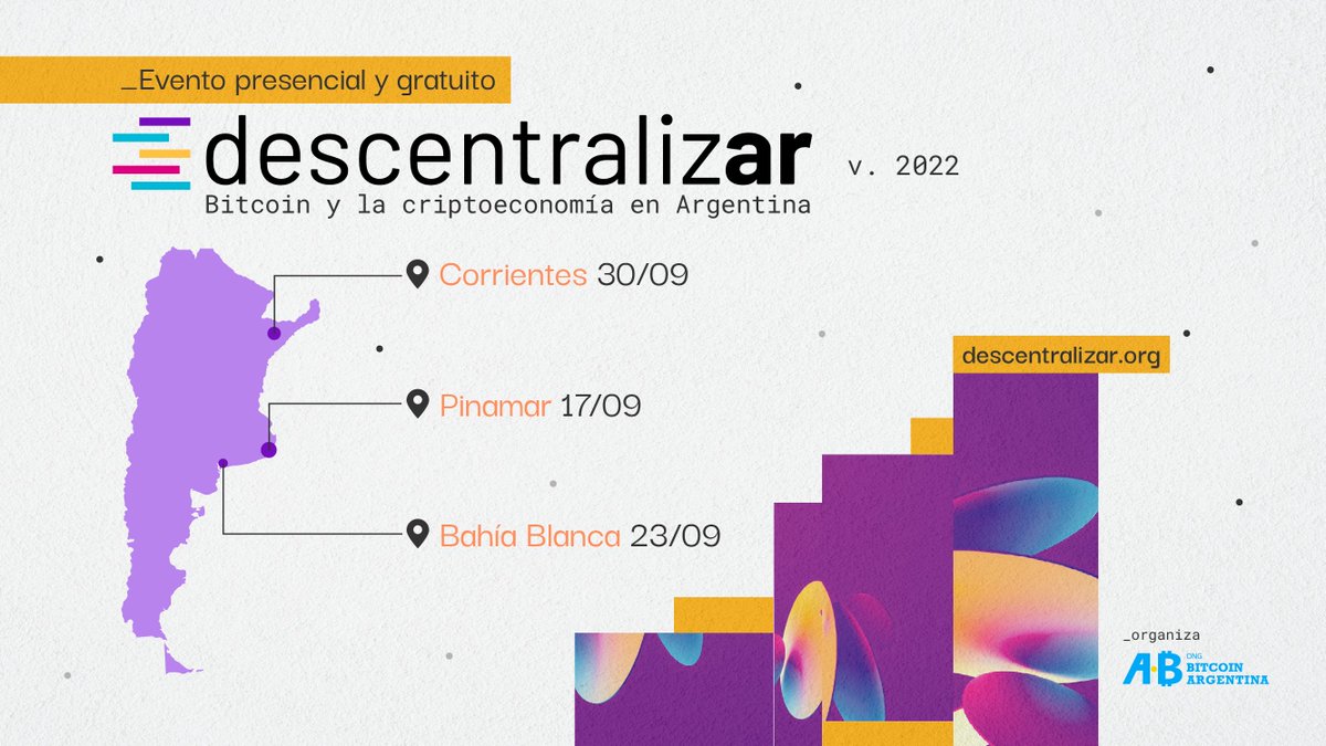 pinamaremprende's tweet photo. ▶ ¡Volvió #DescentralizAR! ▶
🚀 Registrate a la tercera edición del evento más importante sobre #Bitcoin y la #Criptoeconomía en Argentina organizado por @bitcoinar / @ongbitcoinargentina
Un ciclo con #charlas, #workshops y #meetups. 
Registrate en https://t.co/vmTnxNbb7h https://t.co/ZT6a8J2yaF