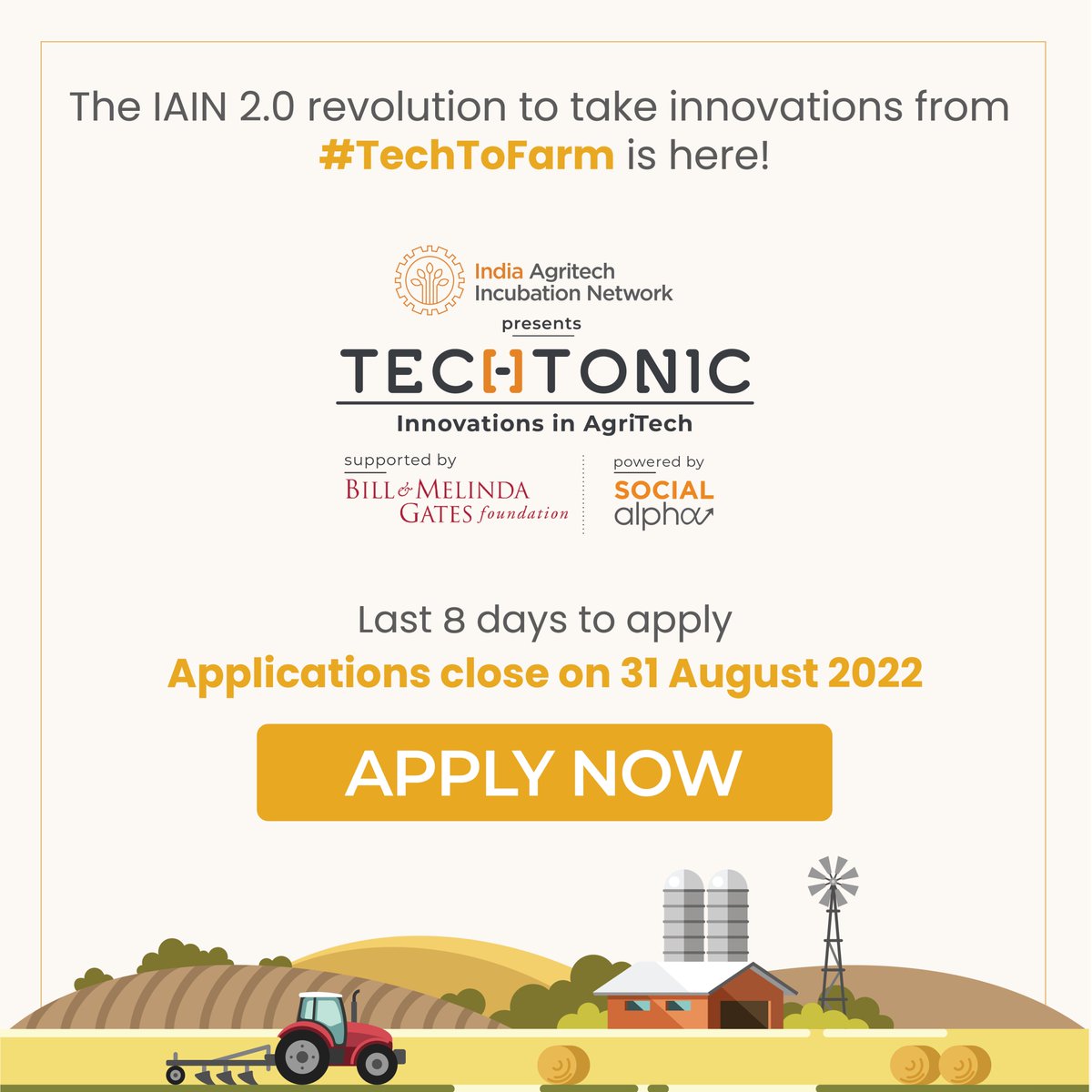 SocialAlphaIN's tweet photo. Last few days to apply!
If your #TechtoFarm innovation has a strong focus on affordability, accessibility, efficiency, & user experience for the challenges faced by smallholder farmers based in Uttar Pradesh and Odisha, then apply today!
Read more - https://t.co/f1Nlp4dQbo https://t.co/bFzsjnMqhH