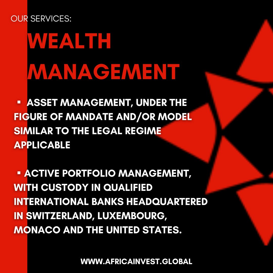 We diversify and expand your portfolio of products and services in a conscious and effective way. 
Manage your heritage properly, create wealth with the experts. #AfricaInvest #WealthCreators
#Africa #Angola #Mozambique #saotomedeprincipe #EquatorialGuinea
 #management #legal