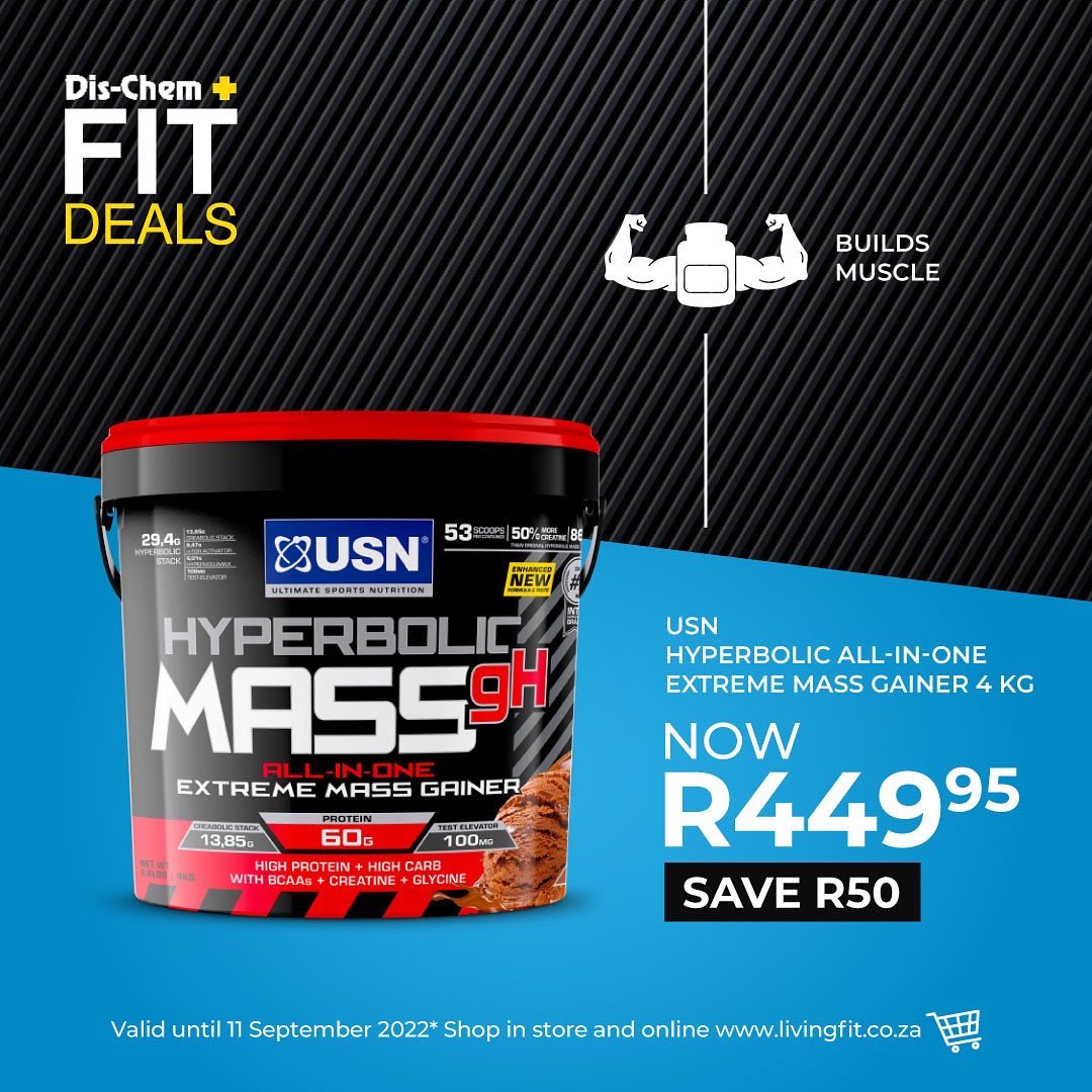 Dischem_LiveFit's tweet photo. Get ready for Spring with these #fitdeals🤩🎉

ON SALE: @USNSA 
🙌 Hyperbolic Mass GH 4kg - SAVE R50
🙌 Diet Fuel Ultralean 1.8kg - SAVE R60
🙌 Lipo X Platinum 80’s - SAVE R60
🙌 Epik Blue Blood 380g - SAVE R70 

🛒@Dischem until 11 September 
👉 https://t.co/IjjNnWzpnA https://t.co/l4DITcPGZO