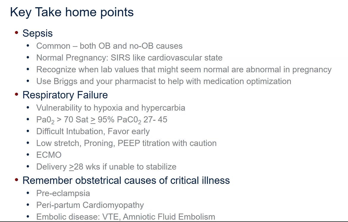 PennPulmonary's tweet image. Continuing our #summerlectureseries, Dr. #sarahlyon talks about critical care and obstetrics. A physiology review in pregnancy:
⬆️Blood volume, ⬆️CO
⬆️CO2 production, ⬆️ O2 consumption
⬆️Chest wall diameter, ⬆️Minute ventilation
⬇️Bicarb