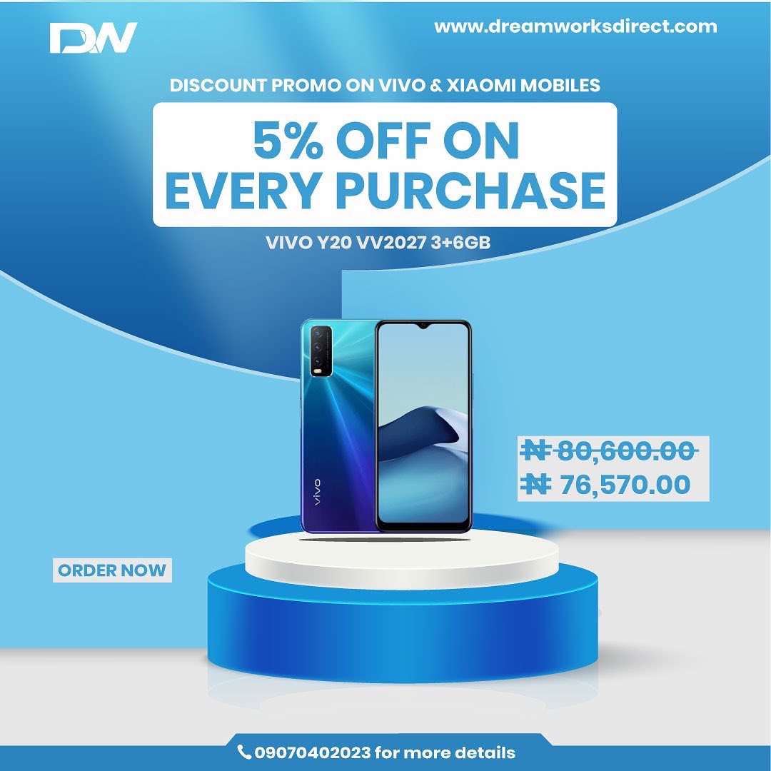 Dreamworksnig's tweet photo. Discount Promo Alert!

Get 5% off on every purchase.

Browse through our range of Vivo &amp; Xiaomi Mobiles at never before Prices.

 Visit https://t.co/oRow2z97MG or call 09070402023 to order.

#Dreamworksdirect #explore #bestoffersnigeria #bestprice #xiaomi #vivo #discount https://t.co/JxCHf0T8Sq