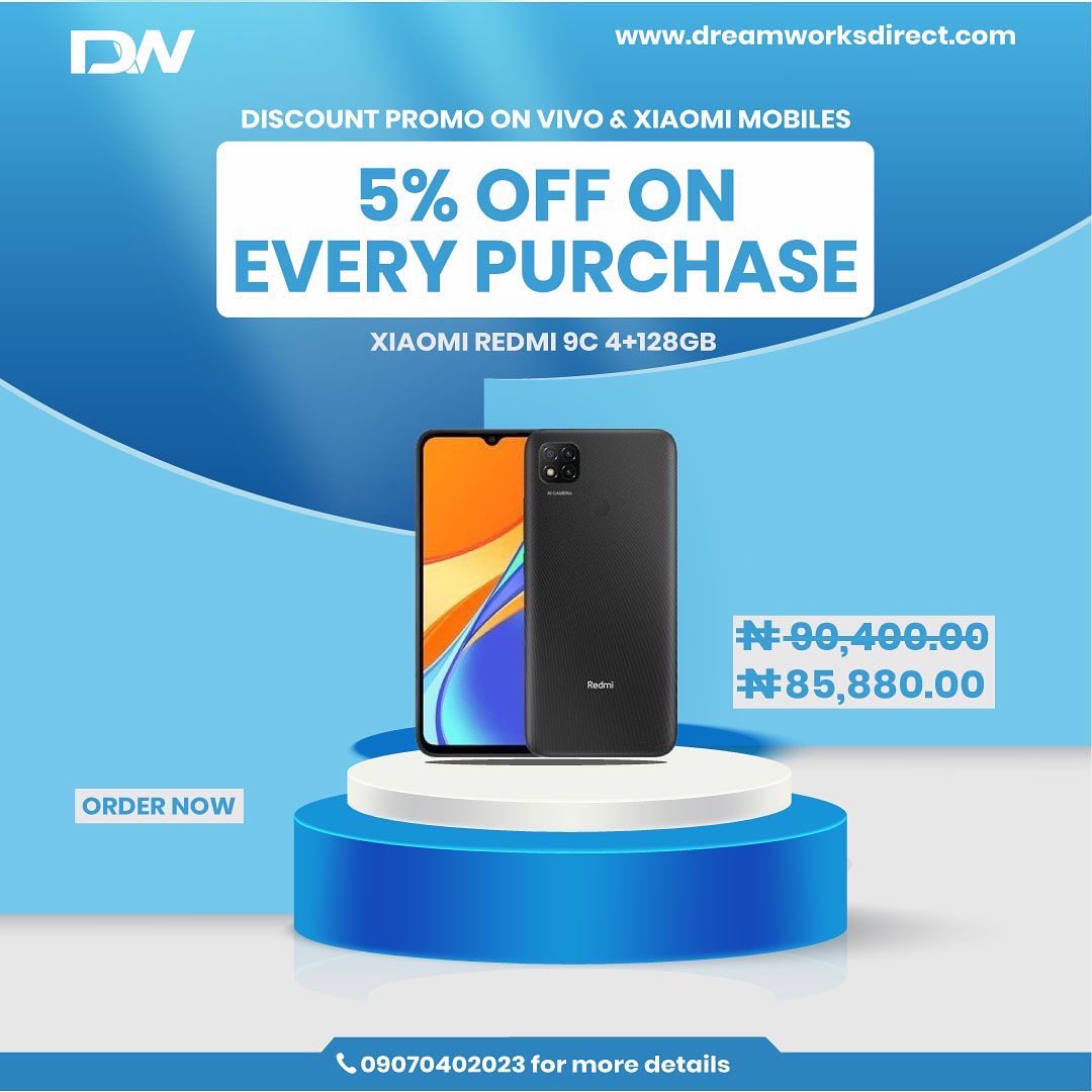 Dreamworksnig's tweet photo. Discount Promo Alert!

Get 5% off on every purchase.

Browse through our range of Vivo &amp; Xiaomi Mobiles at never before Prices.

 Visit https://t.co/oRow2z97MG or call 09070402023 to order.

#Dreamworksdirect #explore #bestoffersnigeria #bestprice #xiaomi #vivo #discount https://t.co/JxCHf0T8Sq