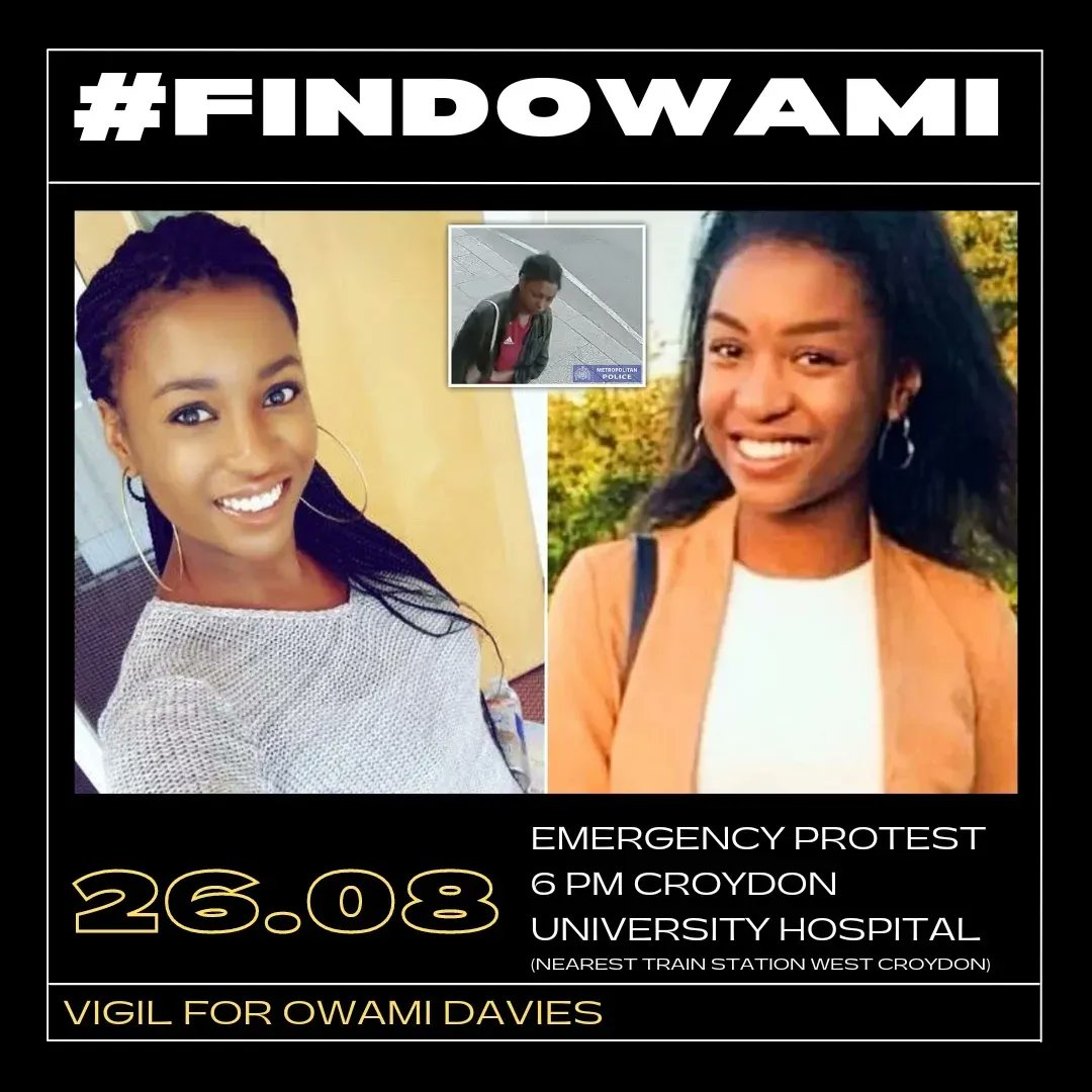 LondonAFA_South's tweet photo. Some of us will be attending the march and vigil for Owami Davies this Friday 26th.
Join us at 6PM at Croydon University Hospital.
#OwamiDavies #FindOwamiDavies #FindOwami https://t.co/jwtVCd1WU3