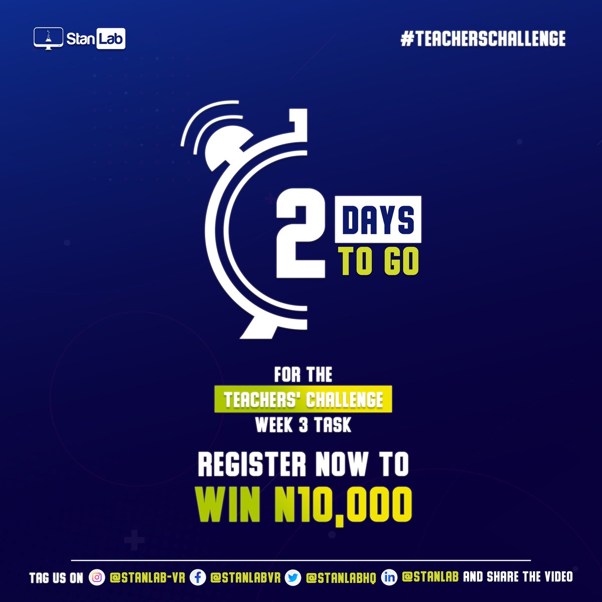 StanLabHQ's tweet photo. 2 days to go!!!!!
It's the final task of the Teachers' challenge and you can still win a cash prize of #10,000 and other amazing prizes
Join our community page to participate, https://t.co/u3KtrWD93Z
Be part of this week's winners!!!
#stanlabteacherschallenge #teachersoftwitter https://t.co/wqSUp68QcU