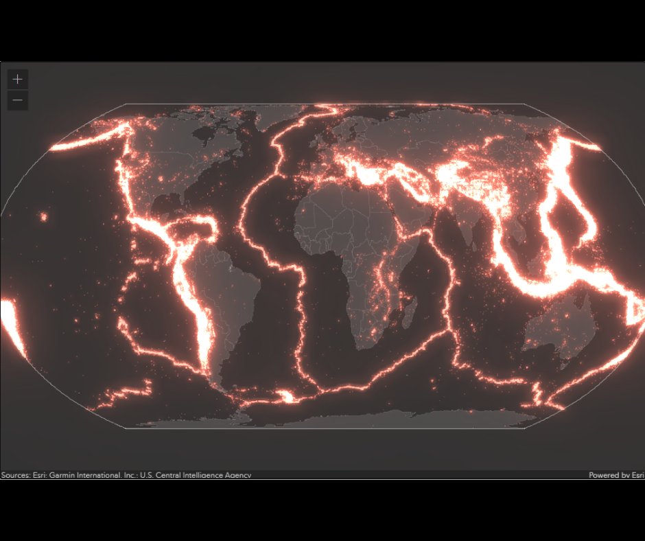 #Terremotos desde 1970 con magnitud de 4.0 o mayor. 🗺️

Este mapa utiliza el efecto de floración en ArcGIS para dar a los datos una apariencia brillante. ✨

Más info en el siguiente link 👉 bit.ly/3AhZ0yf

#Aeroterra #Esri #Argentina #Uruguay #ArcGIS #GIS #SIG