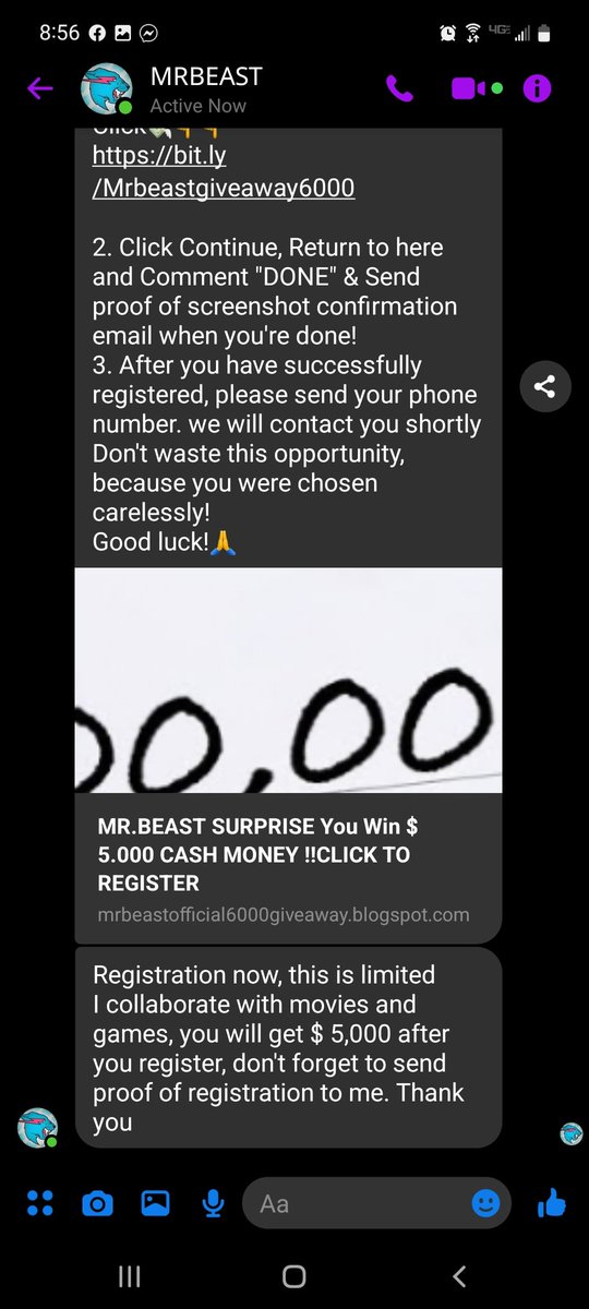 Kitty__Cat1214's tweet photo. @MrBeast today I was messaged bu someone claiming to be you on Facebook I just wanted to make sure you knew, and to make sure this is real. https://t.co/1WhijgoCna