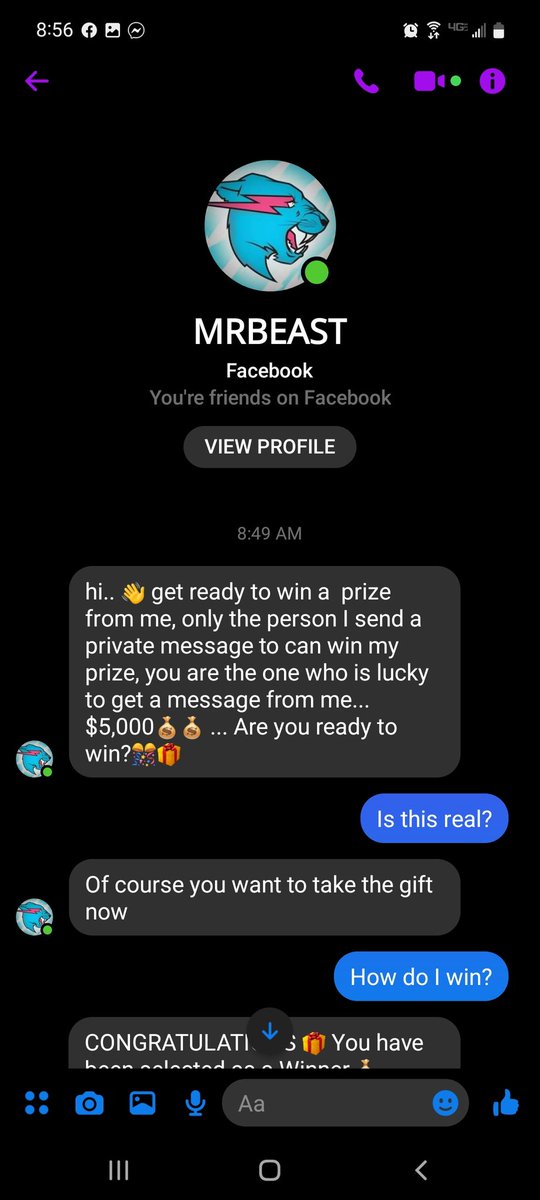 Kitty__Cat1214's tweet photo. @MrBeast today I was messaged bu someone claiming to be you on Facebook I just wanted to make sure you knew, and to make sure this is real. https://t.co/1WhijgoCna
