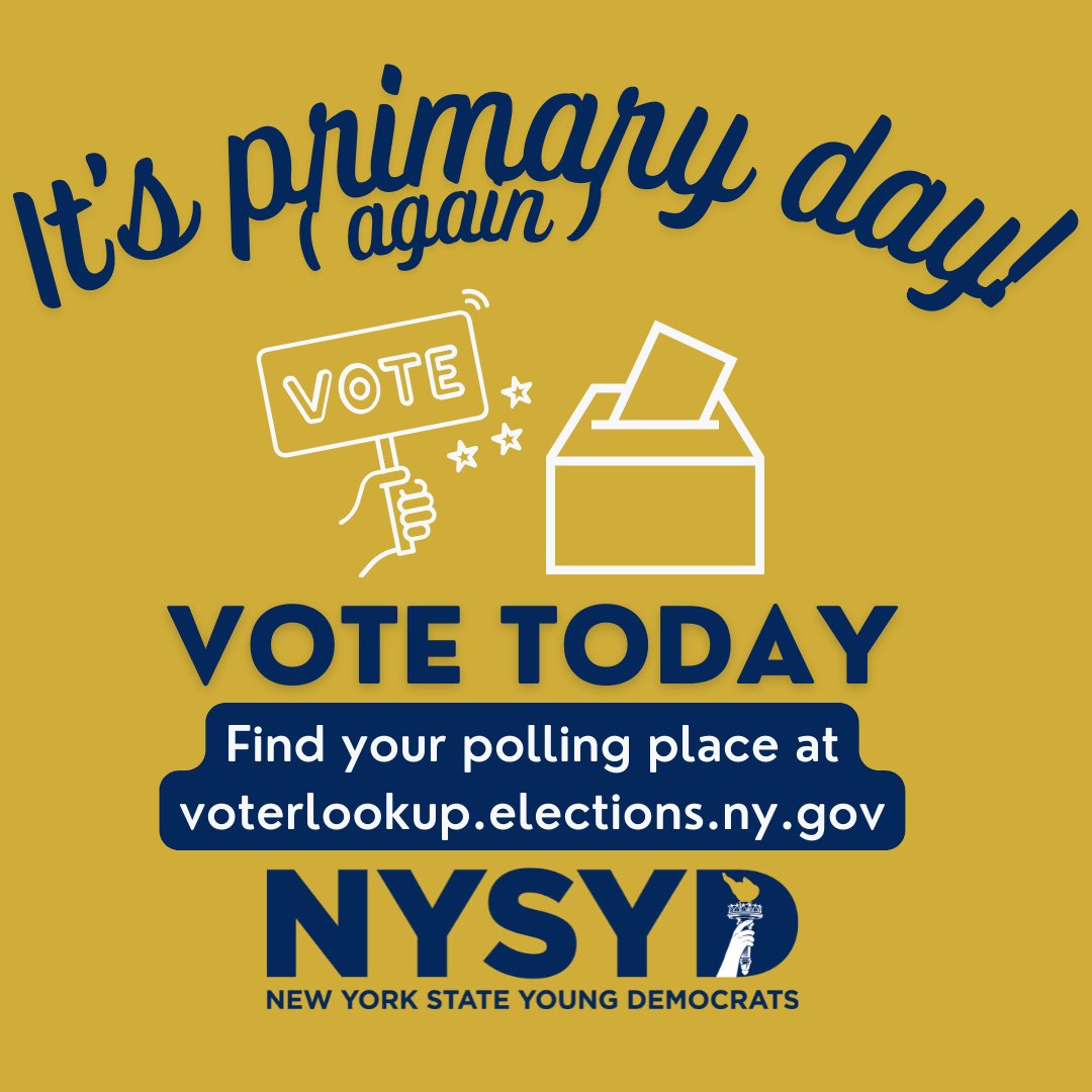 NYSYD's tweet photo. Happy State Senate and Congressional Primary Day. Make sure to vote today before the polls close at 9pm. Also, if you’re in NY-19, make sure you get out the vote for @PatRyanUC!
#WhenDemocratsVoteDemocratsWin https://t.co/lWncVSlz6K