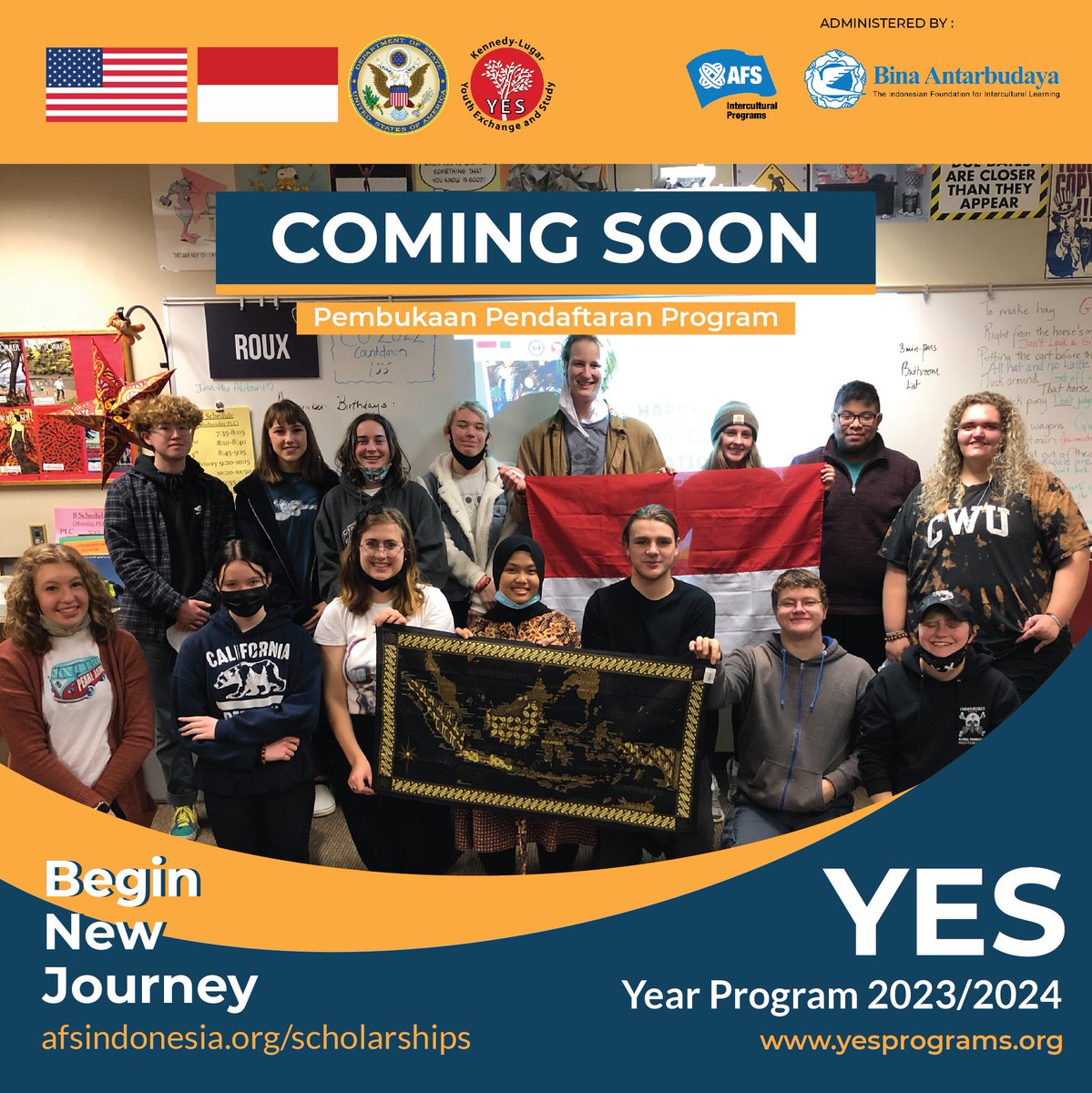 binabudmlg's tweet photo. Persiapkan dirimu untuk pendaftaran program YES Tahun Program 23/24.

Pasti adik-adik sudah banyak yang sudah tidak sabar dengan pembukaan program YES Tahun Program 23/24??

Stay tuned for further information ya dik!
#YESprogram2324 #programpertukaranpelajar #binaantarbudaya https://t.co/0V1gTKai5E