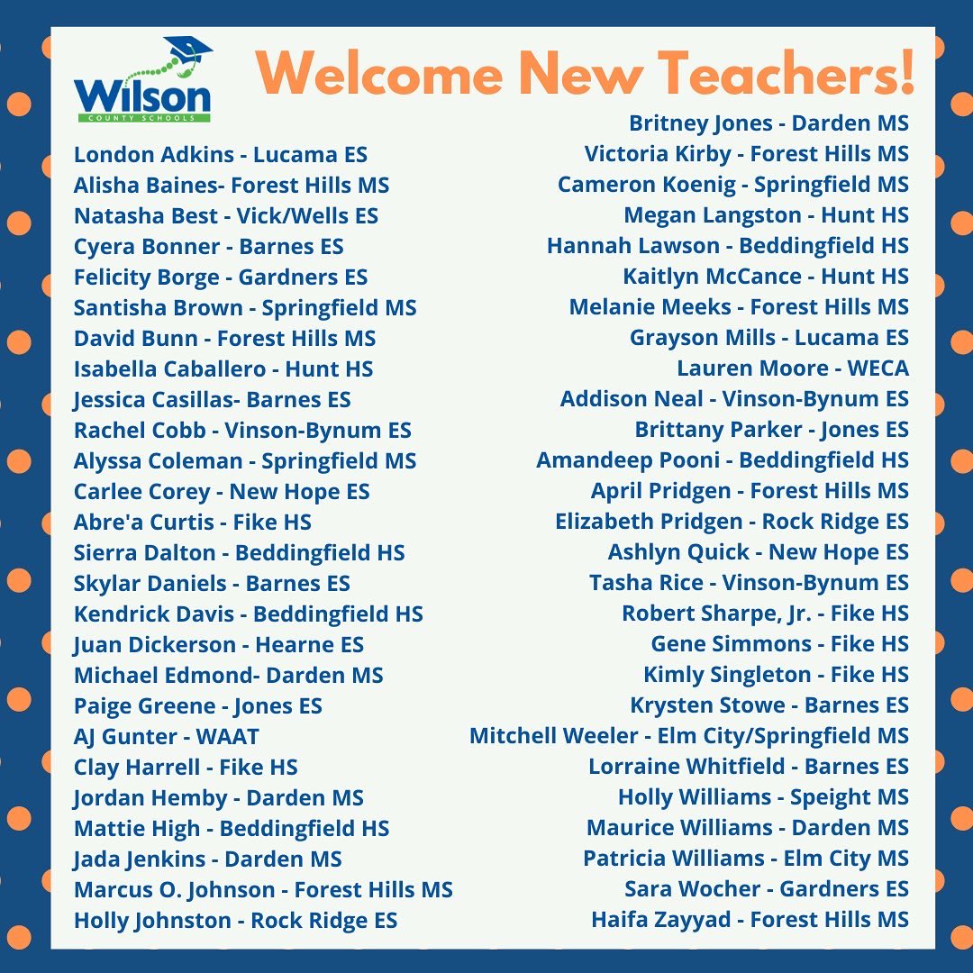 WilsonSchoolsNC's tweet photo. Excited to welcome 53 new teachers to WCS! We wish them all the best! They recently completed 3 days of Beginning Teacher Orientation. Special thanks to Beginning Teacher Coordinator Sherri Jernigan for her support! They are going to accomplish great things!  #WCSistheBEST https://t.co/D210XmayrD