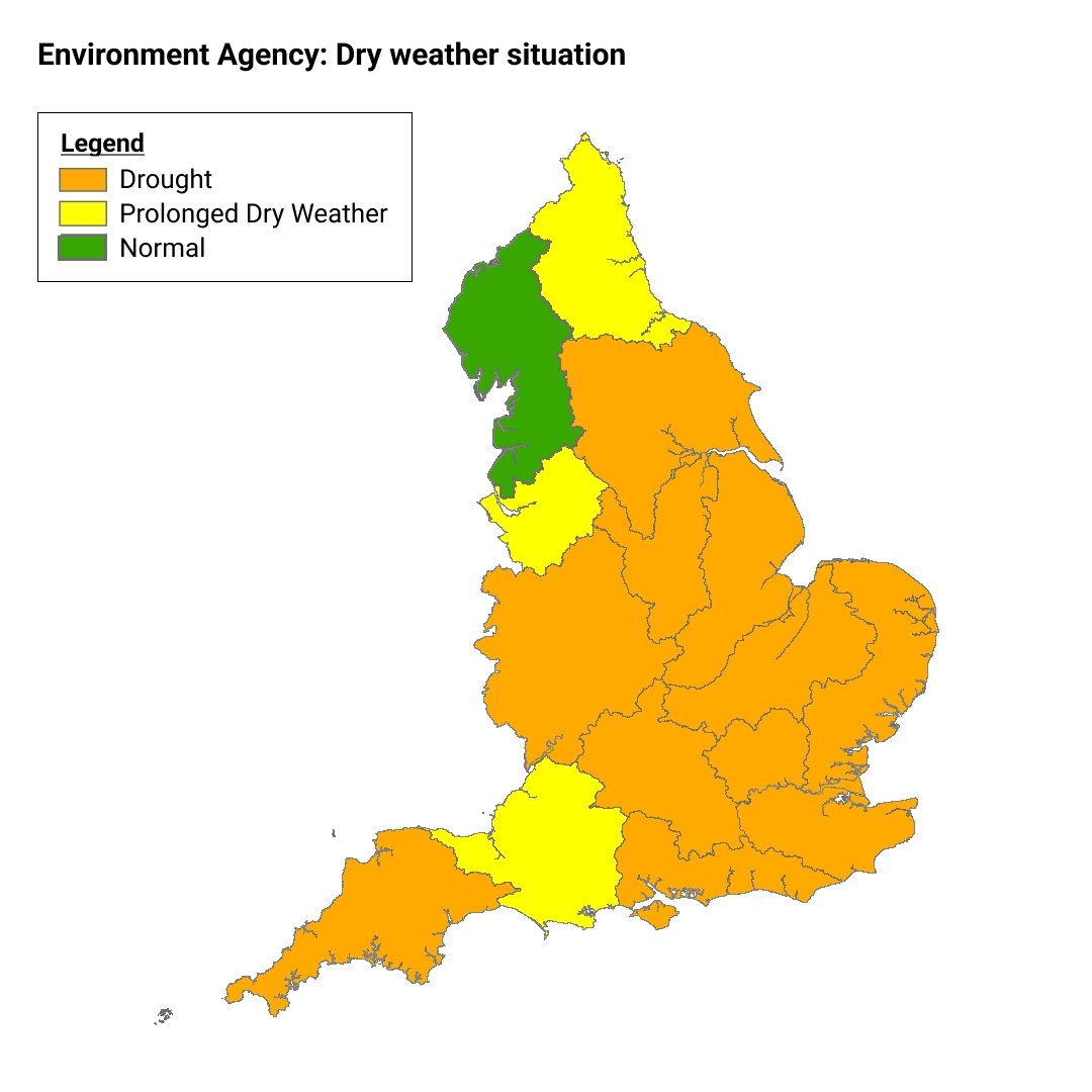 EnvAgency's tweet image. Regions currently in Drought status:

- West Midlands confirmed today
- Yorkshire
- Devon and Cornwall
- Solent and South Downs
- Kent and South London
- Herts and North London
- East Anglia
- Thames
- Lincolnshire and Northamptonshire
- East Midlands

📰 gov.uk/government/new…