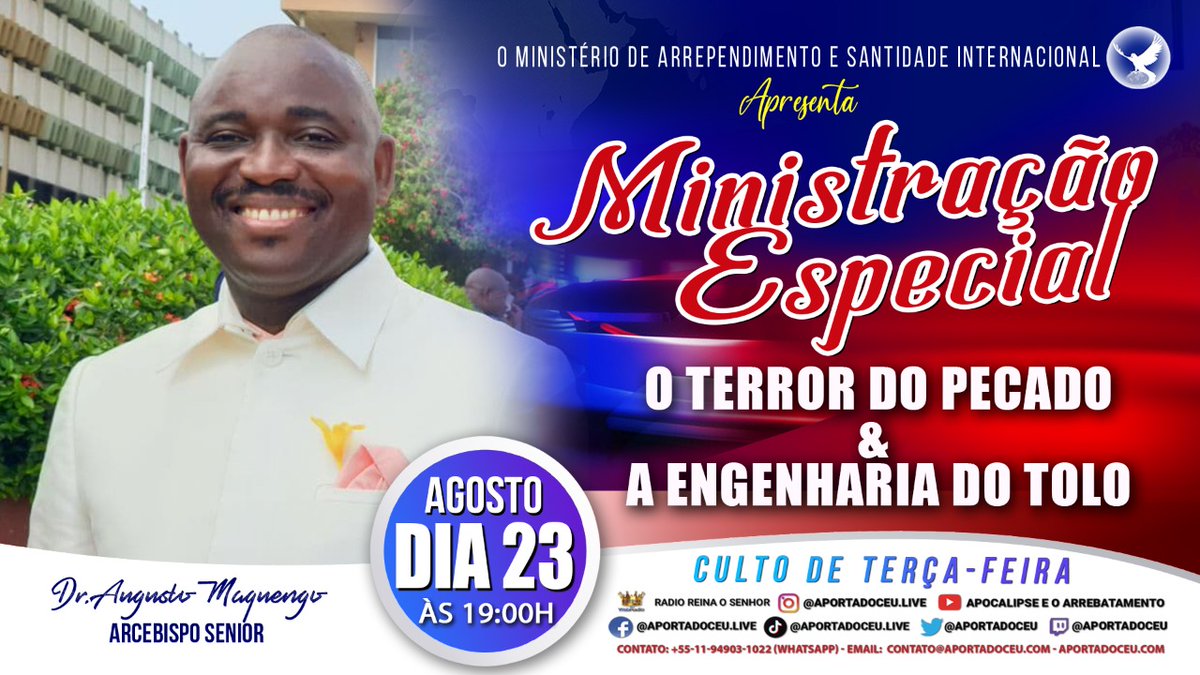 Neidecaputti's tweet photo. HALLELUYAH AMADOS, HOJE  TEREMOS UM CULTO MUITO PODEROSOS COM NOSSO ARCEBISPO SENIOR DR.AUGUSTO MAQUENGO, MOBILIZEM A TODOS! https://t.co/uR7HgEZBmi