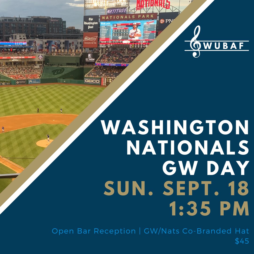 GWUBAF's tweet photo. Join GWUBAF  as the Nationals take on the Marlins on Sun. 9/18! As part of GW Day @ Nats Park, tickets include a reception with an open bar and a GW/Nats co-branded hat. Tickets are $45. Sign up by Wednesday and we'll grab you a seat in GWUBAF's section! https://t.co/yHMlwQKhKj https://t.co/GFADiGI90k